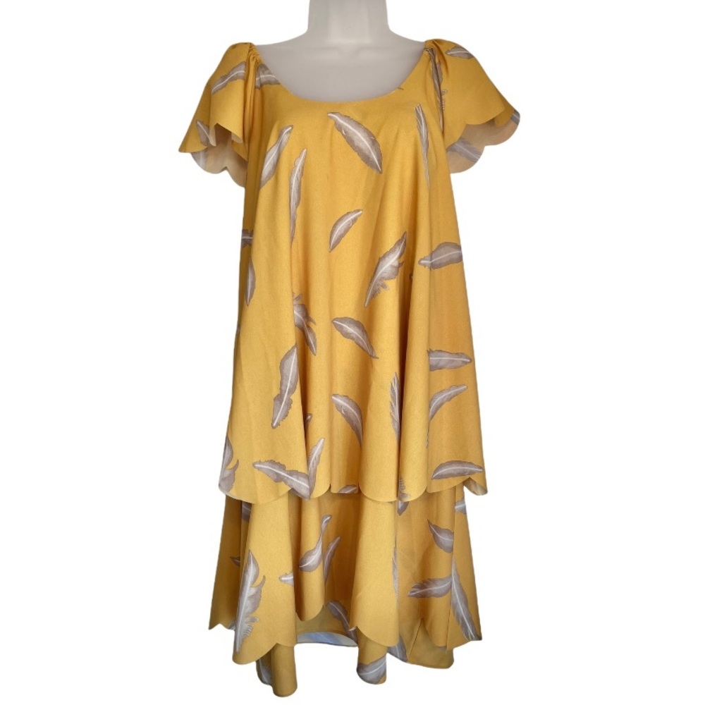 Karen Zambos KZ Feather Print Scalloped Dress Mustard Yellow Boho Size XS - Picture 10 of 10